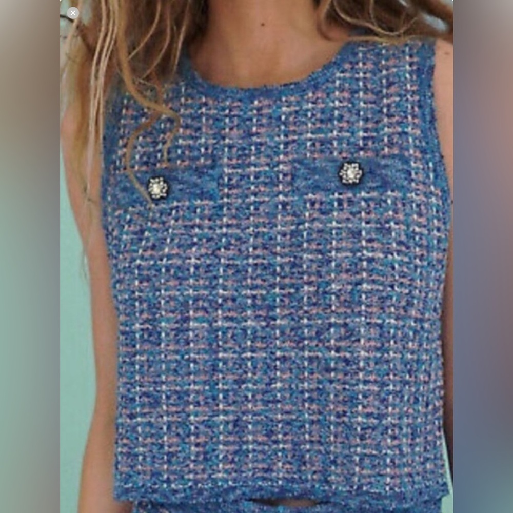 Zara Metallic Blue, White & Pink Thread  Knit Vest Top